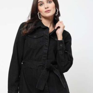 cosmic trio women black cotton denim shirt full sl