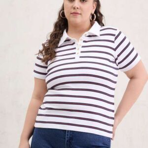 sassafras curve women striped polo collar tshirt