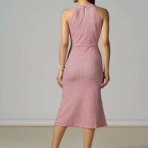 selvia women checked halter neck sheath dress