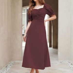 sugathari solid puff sleeve aline midi dress
